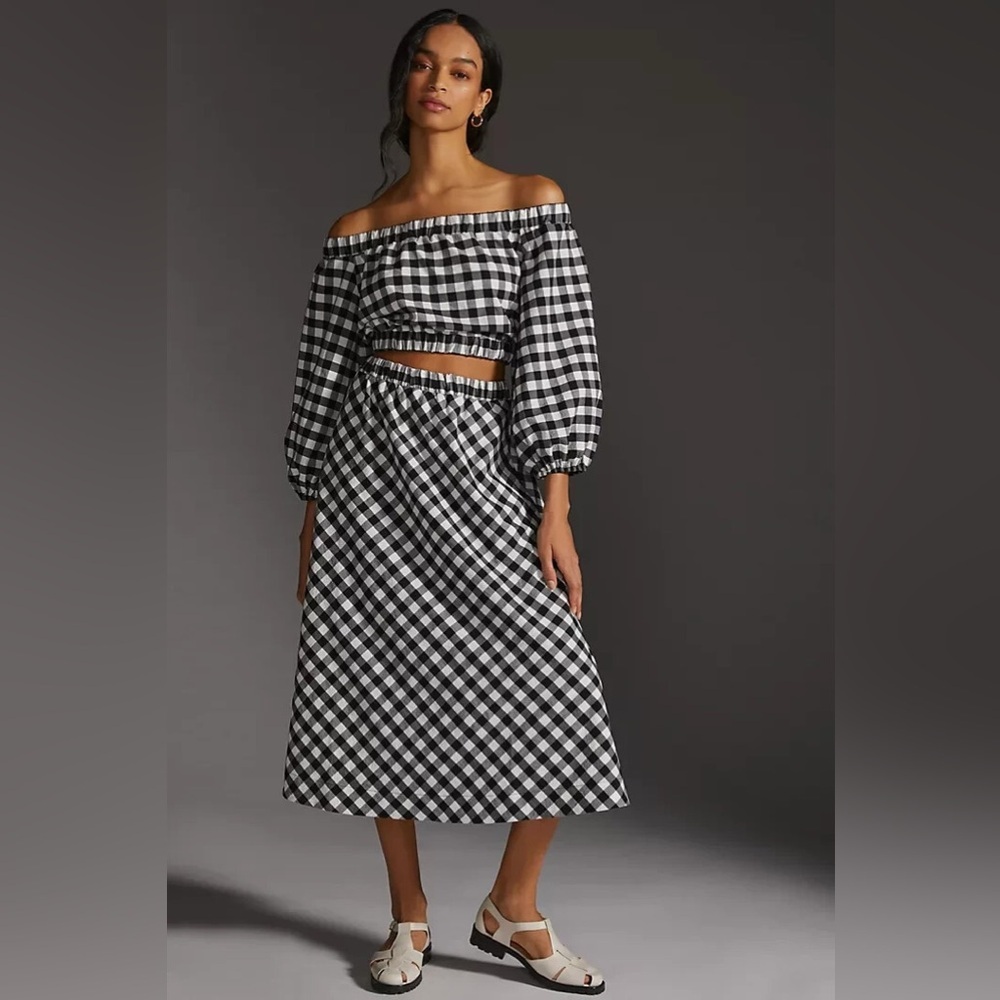 Anthropologie Black and White Gingham Off-Shoulder Skirt Set